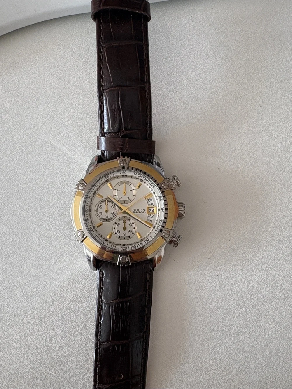 Guess Silver and Gold Chronograph Watch with Dark Brown Leather Strap